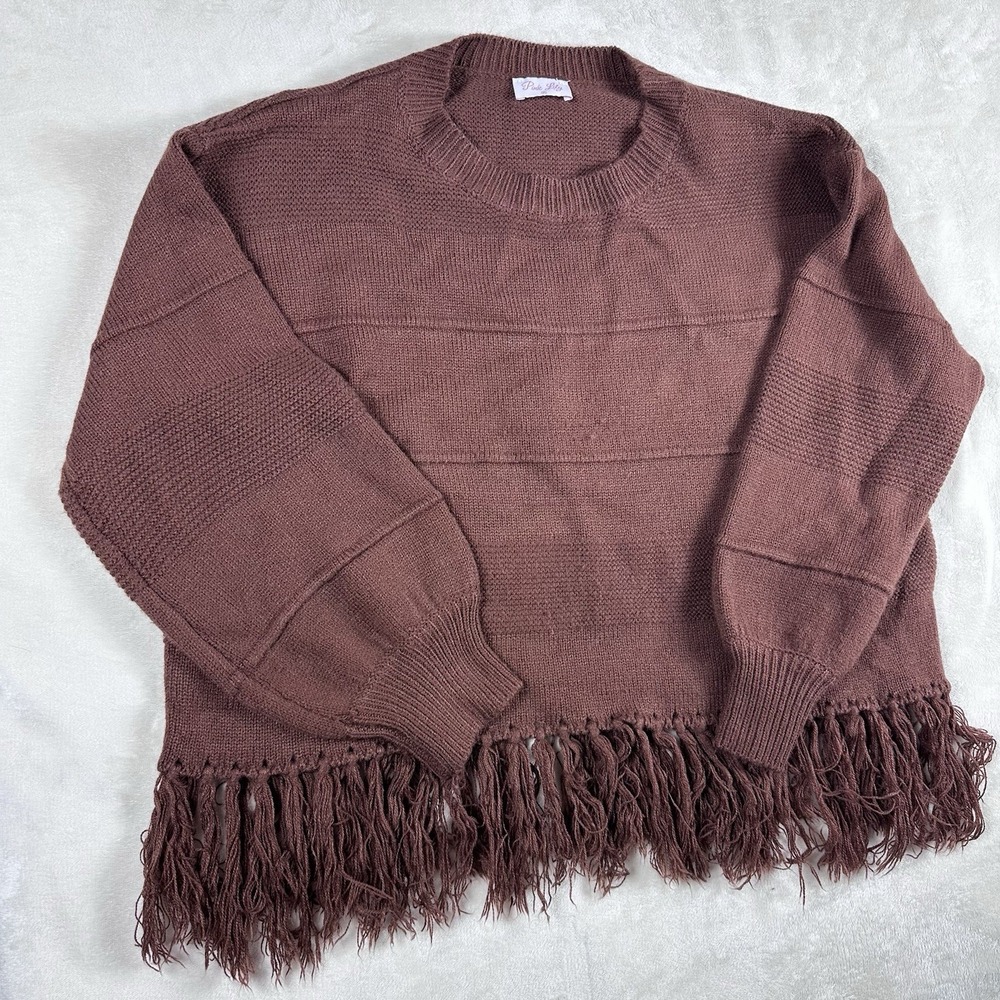Pink Lily Womens M Mauve Fringe Hem Knit Sweater Long Sleeve Boho Oversized